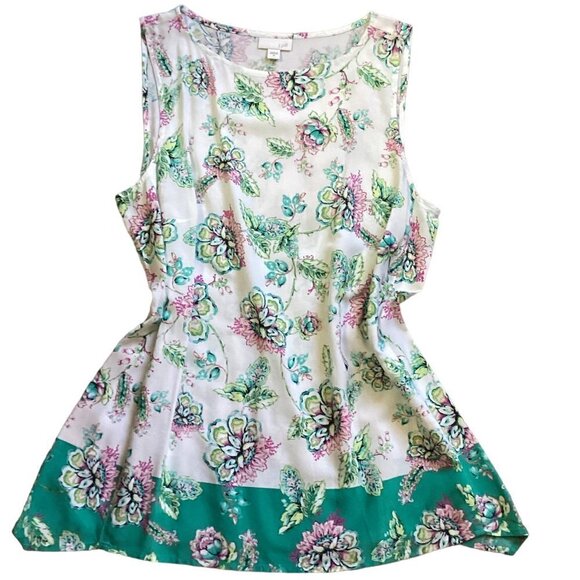 J. Jill Sz M Sleeveless Breezy Floral Tunic Tank Top Contrast Hem Border 108i - Picture 5 of 8